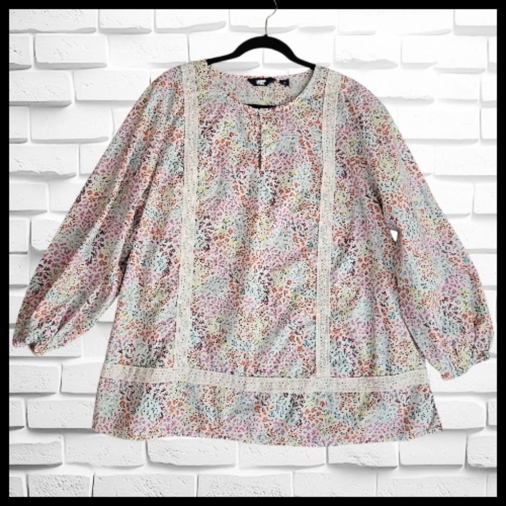 Lands' End Pastel Floral Lace-Trim Blouse 2X
